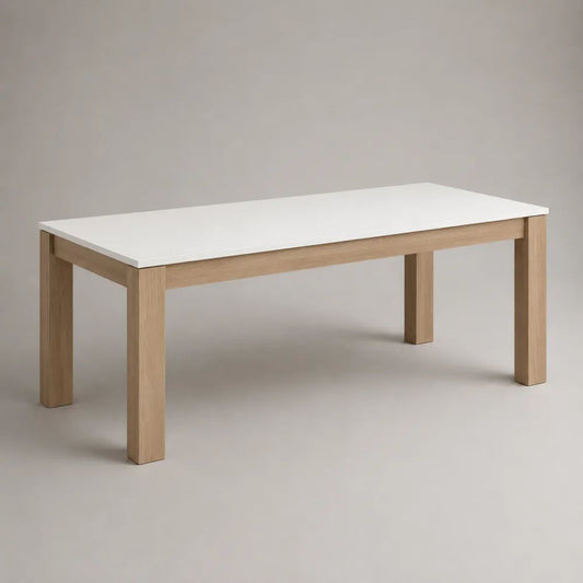 Tavolo da pranzo rettangolare in MDF melaminico e legno massello, bianco e rovere naturale, 140 × 80 × 75 cm