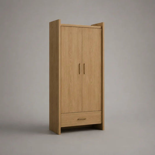 Armadio guardaroba in legno a 2 ante e 1 cassetto, effetto rovere naturale con maniglie bronzo, 90 x 52 x 190 cm